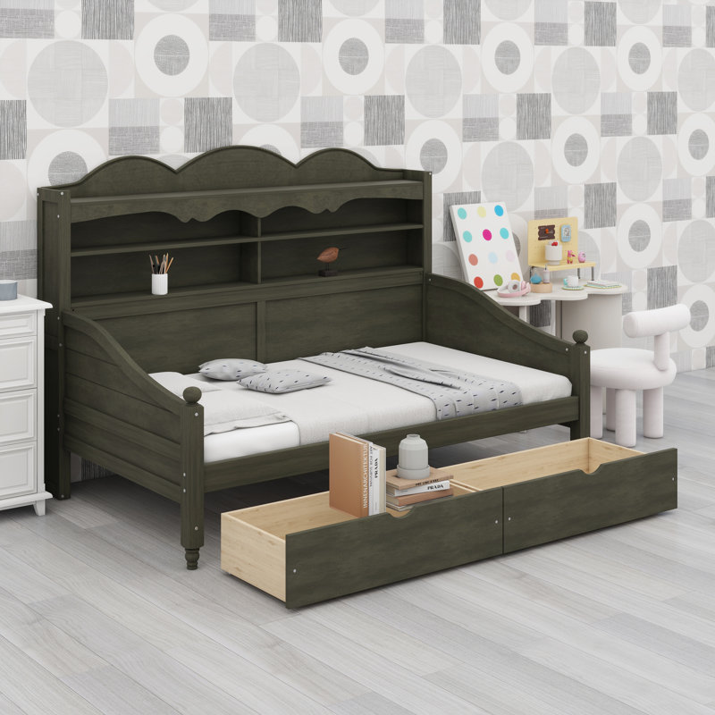 Retro Daybed Featuring Storage Drawers and Built-In Shelving – Multi-Purpose Furniture for Guest Room or Study, Antique Grey