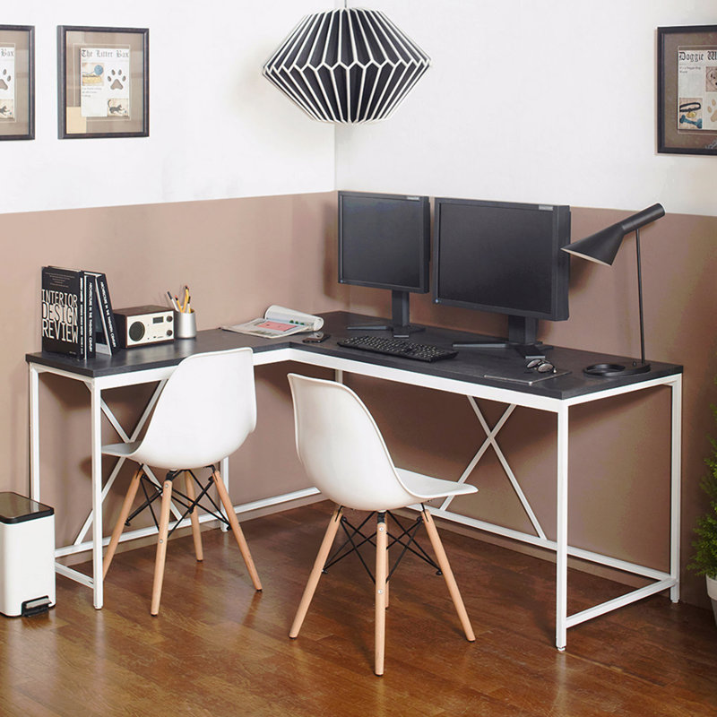 Olympus Corner Desk, Dark Gray & Ivory Wood Metal, Dark Gray/White