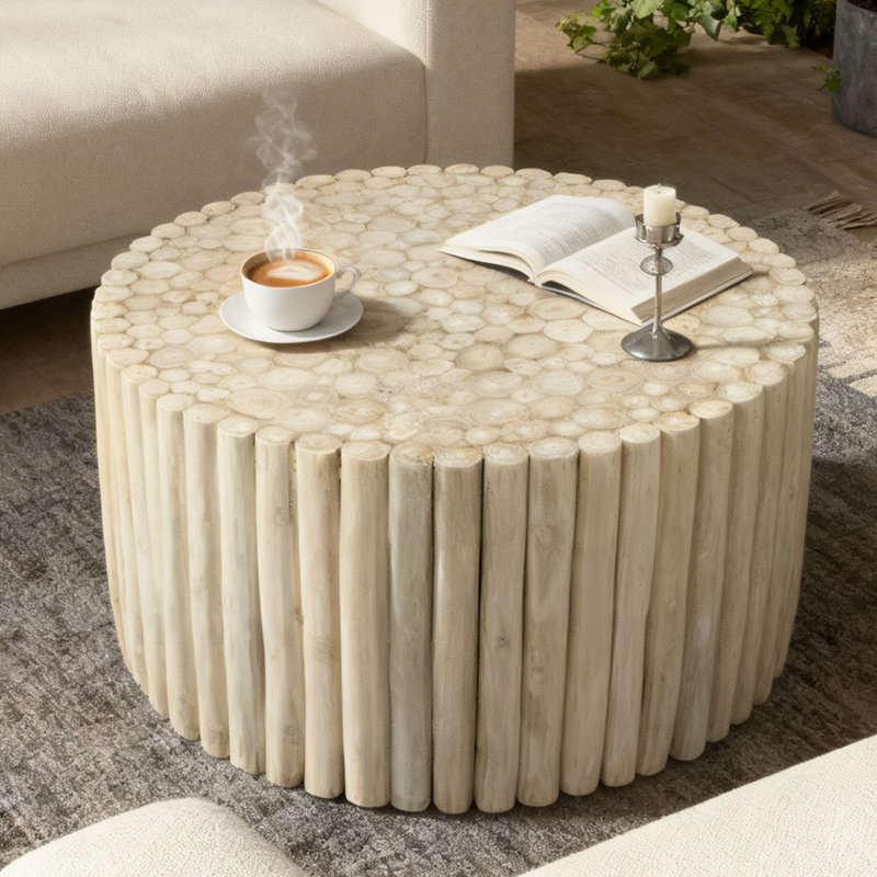 Table basse de salon à lattes cylindriques en bois massif à texture naturelle