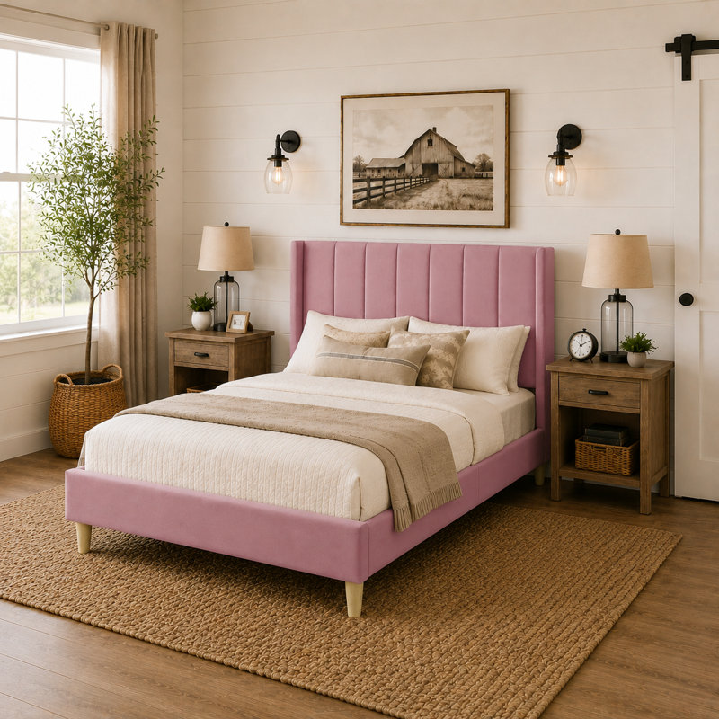 Eriksay Low Profile Upholstered Platform Bed with Wingback Headboard, Twin, Pink Velvet