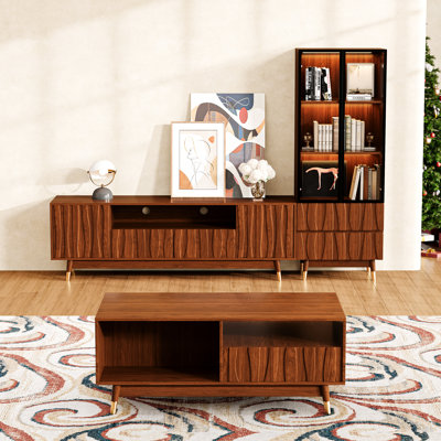 Meuble audio-vidéo 3 pièces avec meuble télé, meuble télé, table basse et vitrine à 3 niveaux avec tiroirs pour le salon, meuble audio-vidéo en bois de style Mid-Century avec tiroirs et rangement jusqu'à 65 po, brun