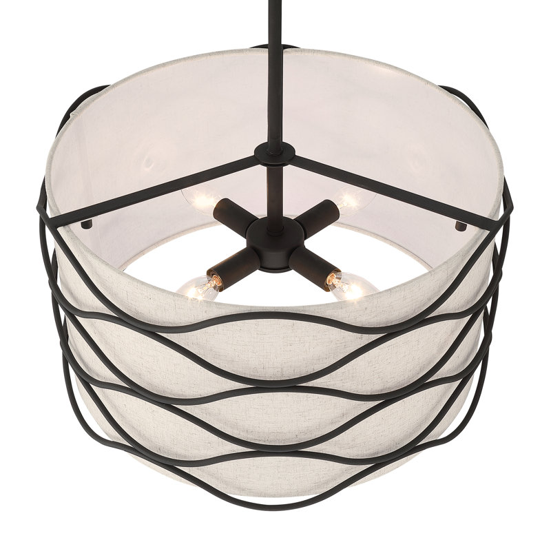 Luminaire suspendu tambour moderne à 4 lumières avec enveloppe ondulée en métal, Noir élégant