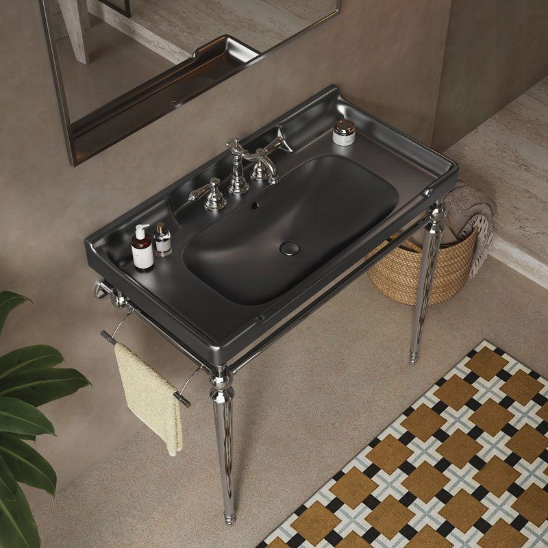 Lavabo de salle de bain 36 po, meuble-lavabo mural en céramique avec 3 trous pré-percés, Chrome chrome, Noir, 36"