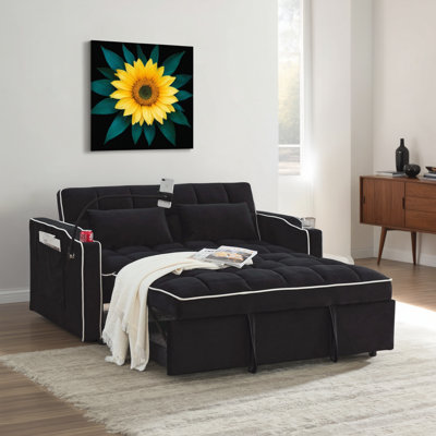Versatile Convertible Sofa-Bed In 3 Lengths, Modern Velvet, With Pull-Out Bed And Adjustable Backrest, USB Port, Ashtray And Swivel Phone Holder.
