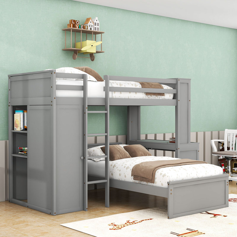 Lit superposé en bois avec bureau, tablettes et garde-robe, Lit superposé simple sur simple, Gris