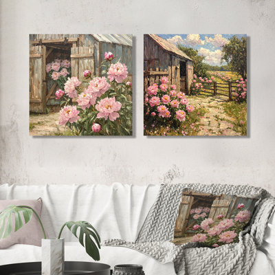 Pe pivoines par l'écurie cheval I - art mural pivoines - art mural traditionnel pour le salon 2 pièces