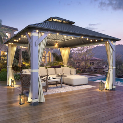 Gazebo d'extérieur en bois de cèdre, 3,66 m de large x 3,66 m de profondeur, toit rigide permanent en acier galvanisé double, pour patio, jardin ou terrasse.