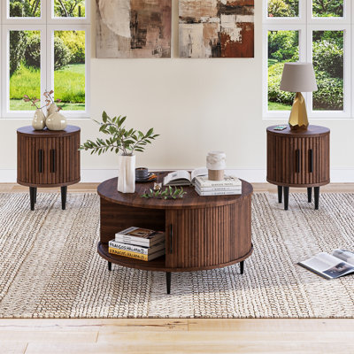 3 Piece Living Room Table Set, With Hidden Storage: Flip-top Lid & Sliding Doors