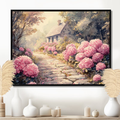 Hortensias par le chemin de pierre IV - hydrangées, art mural
