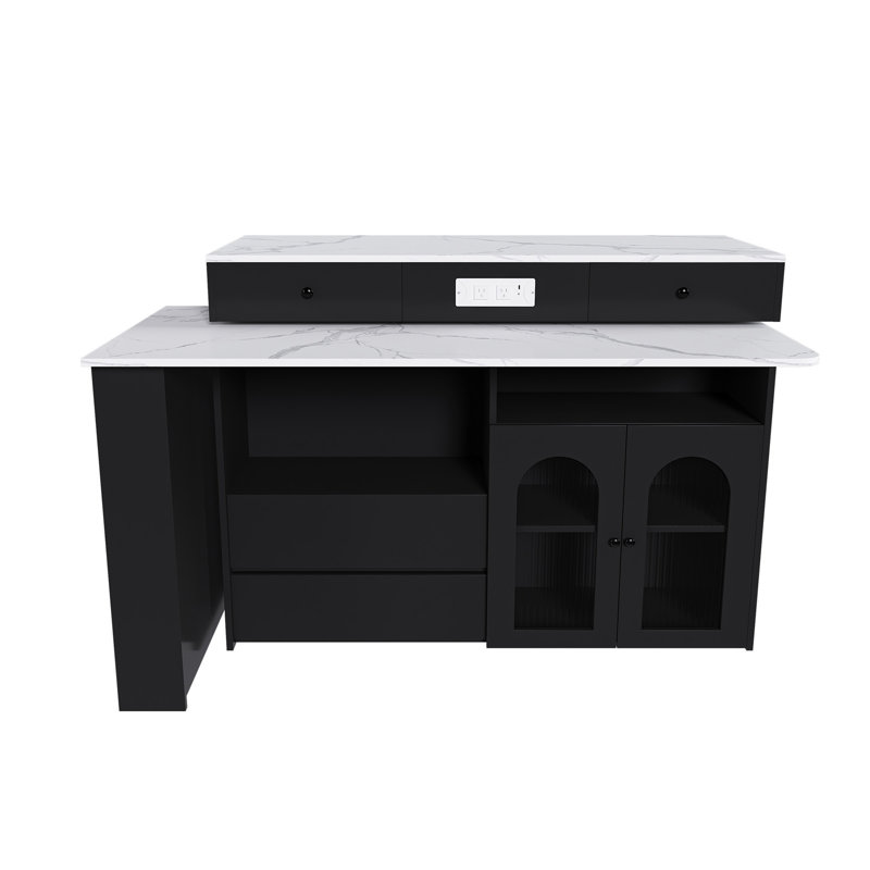 Kitchen Island With Extendable & Rotating Table, Mdf With Marble Veneer Retro Design, 4 Drawers & Glass Door Cabinets With Built-In Socket, Expandable Dining Station For 2-4 Person