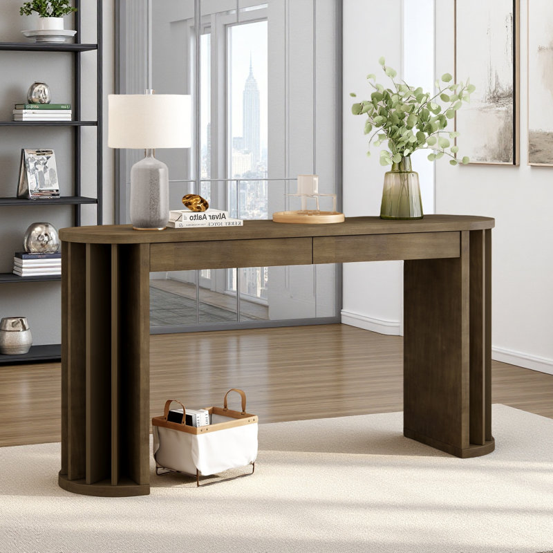59" Oak Veneer Console Table with Curved & Straight Lines, Sofa Table with Drawers for Entryway, Hallway & Living Room(Natural)