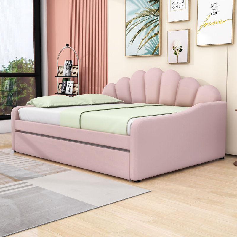 Lit de jour double en velours rembourré avec couchette, Rose