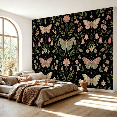 Wall Mural Peel and Stick Wallpaper Elegant Moth Floral Vintage Botanical Design Black Self-Adhesive Removable Contact Paper Wall Decor for Living Room Bedroom 69"H x 96"W