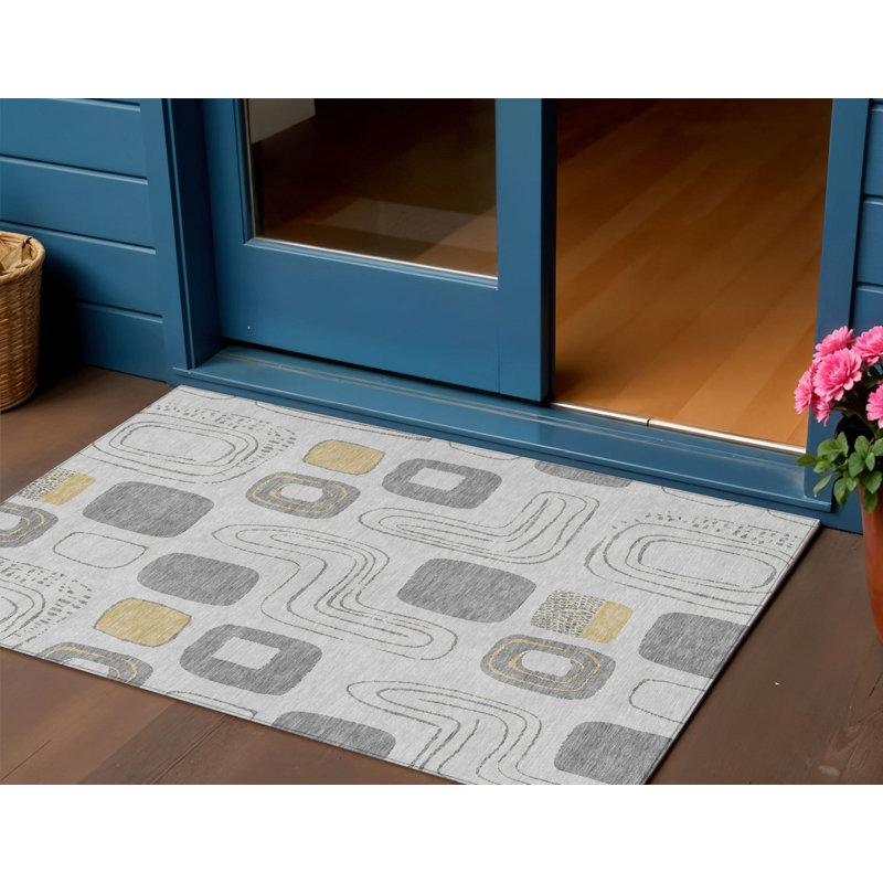 3' X 5' Gray Silver And Gold Geometric Washable Indoor Outdoor Area Rug
