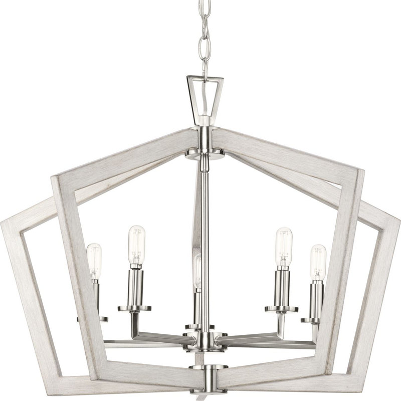 6 - Light Dimmable Geometric Chandelier, Brushed Nickel