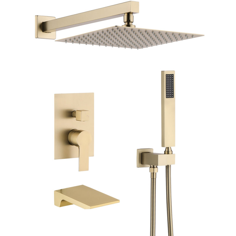 Unité de douche 12 po avec douchette, fixation murale, disque en céramique, équilibré, installation rapide, finition or brossé pratique