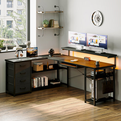 Lymon L-Shaped Metal Base Computer Desk with Power Outlet