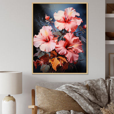 «Hibiscus Flowers In Tropical Coral Hues», reproduction d'art sur toile