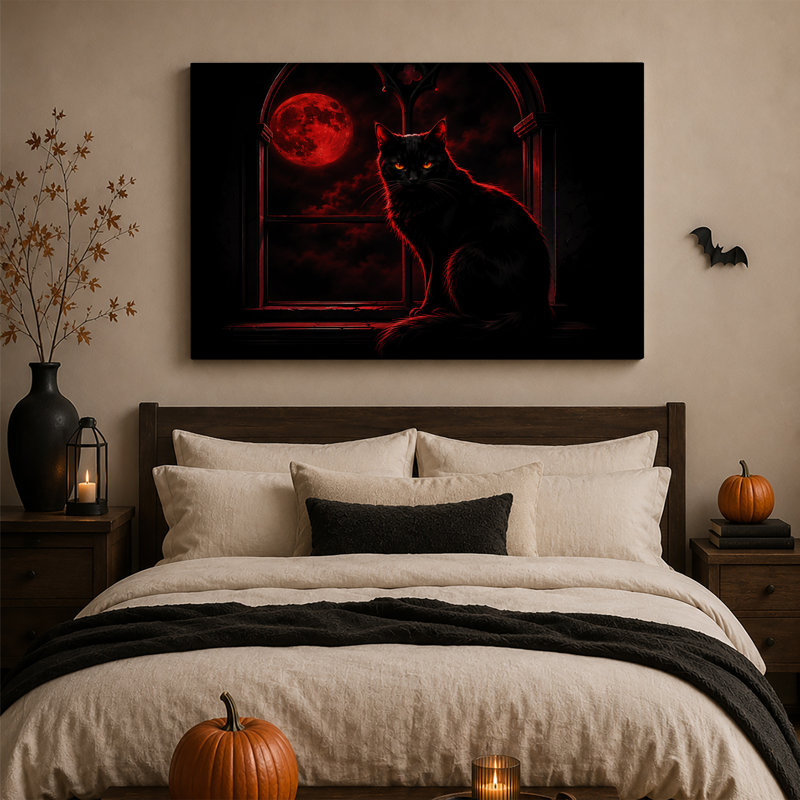 Art mural sur toile, "Chat noir à lune rouge", 12"H x 18"W