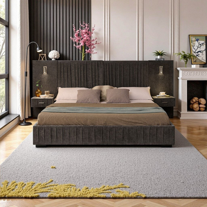 King Size Upholstered Platform Bed with Headboard, Built-in Nightstands & Adjustable Lamps, Gray