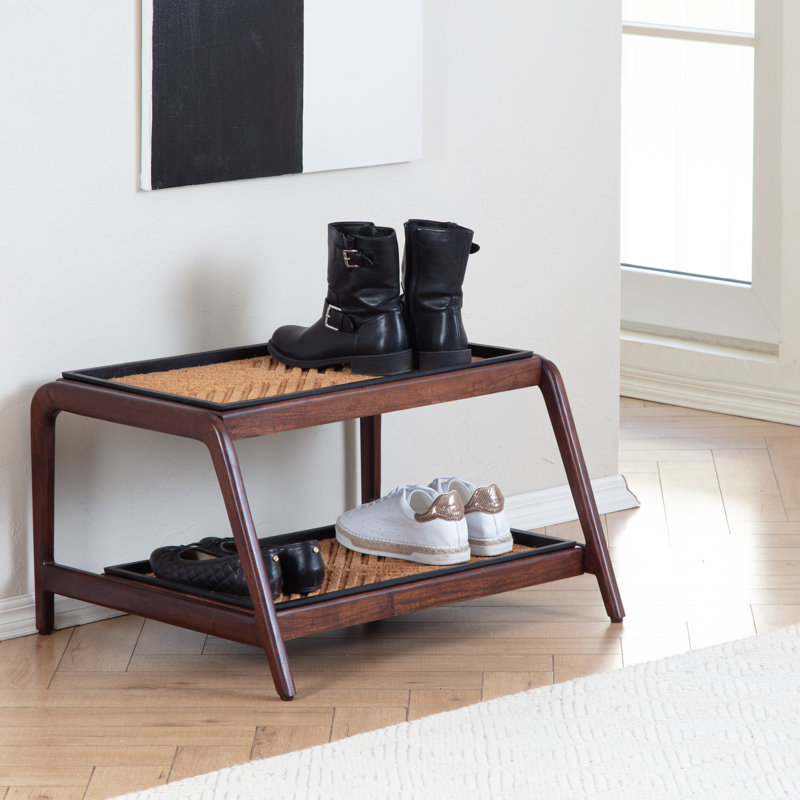 Premium Solid Wood Boot Tray Stand with Natural Coir Mat - Entryway & Mudroom Shoe Organizer, Dark Brown, 22" W x 26.5" L
