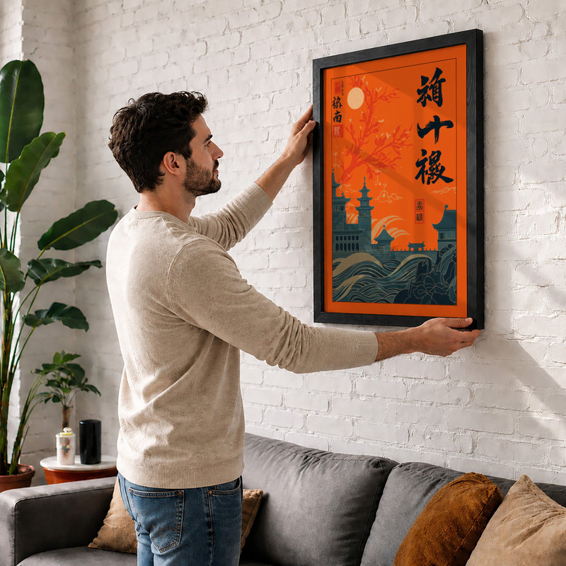 Temple At Sunset Japandi - Print, Black, A3 - 42.0 x 29.7 cm