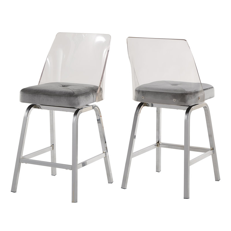 Tabouret de bar et de comptoir pivotant Milica, Tabouret de comptoir (assise de 24 po de hauteur), Bleu acier, Métal chromé