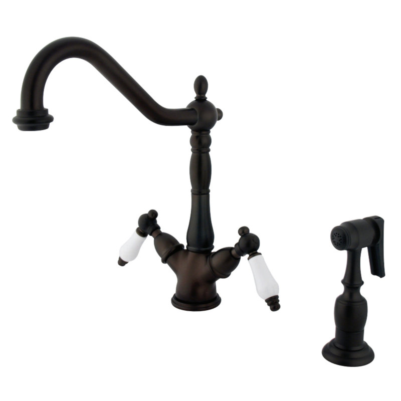 Kingston Brass Heritage Two-Handle 2-or-4 Hole Deck Mount Kitchen Faucet with Brass Sprayer, Oil Rubbed Bronze/White