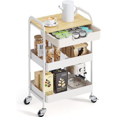 3-Tier Metal Utility Rolling Cart With Drawer And Wooden T...