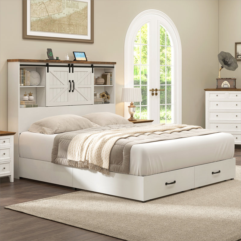 Tryston Sherell Wooden Bookcase Full Bed Frame, White, Full, White