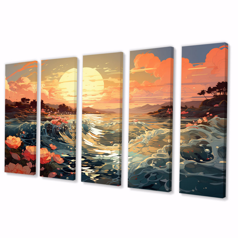 Glorious Blossoming Sunrise Over Ocean - reproduction sur toile de plage - 5 panneaux égaux