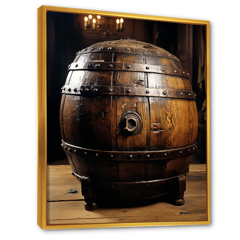 Tonneau de vin en bois brun - art mural vin, H 44 po x l 34 po x P 1,5 po, Cadre flottant doré