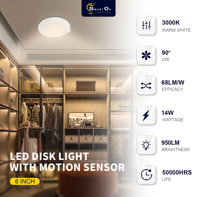 LED Flush Mount Disk light with motion sensor, 14, 1.38" H X 7.72" W X 7.72" D