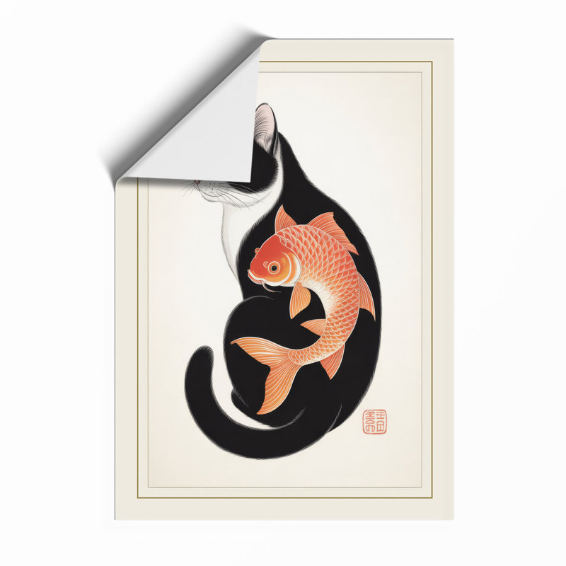Cat and Goldfish Japandi - Framed Print, Unframed, A1 - 84.1 x 59.4 cm