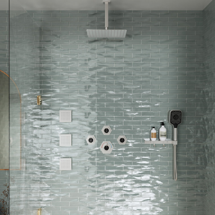 12”Ceiling Mounted Thermostatic Rainfall Shower System with 3 Body Jets and Storage Shelf
