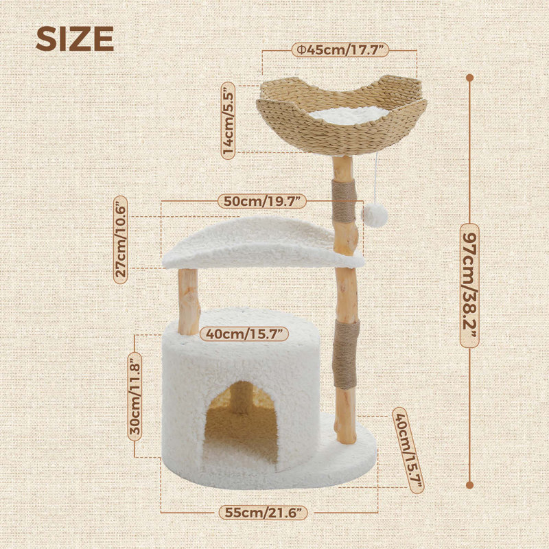 Modern Cat Tree Tower With Spacious Wicker Basket, Natural Solid Wood Scratching Posts And Curved Bed For Cats