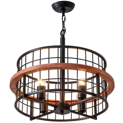 4 - Light Lantern Chicken Wire Round Wood Chandelier