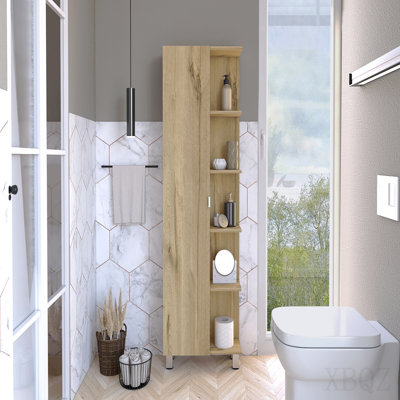 Mirror Linen Cabinet, Four Interior  Shelves, Five External Shelves -Light Oak