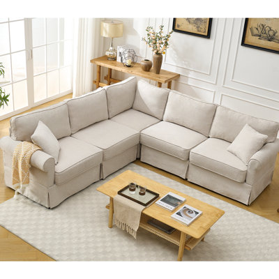 Convertible, canapé modulaire en L à 5 places, revêtement en tissu doux et canapé modulaire de fabrication beige, coussins de dossier réversibles et confortables en lin