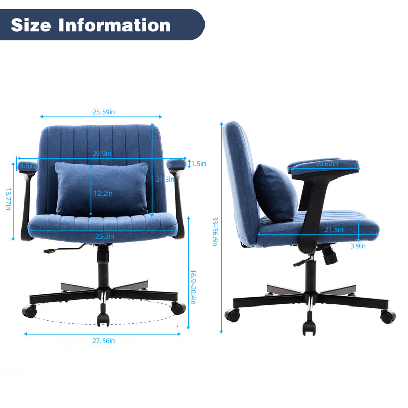 Chaise de bureau bleue avec revêtement en lin, siège ergonomique, pivotant sur 360 ° et hauteur réglable, conception à roulettes à base croisée, plus grande pour plus de stabilité, soutien supplémentaire pour le cou