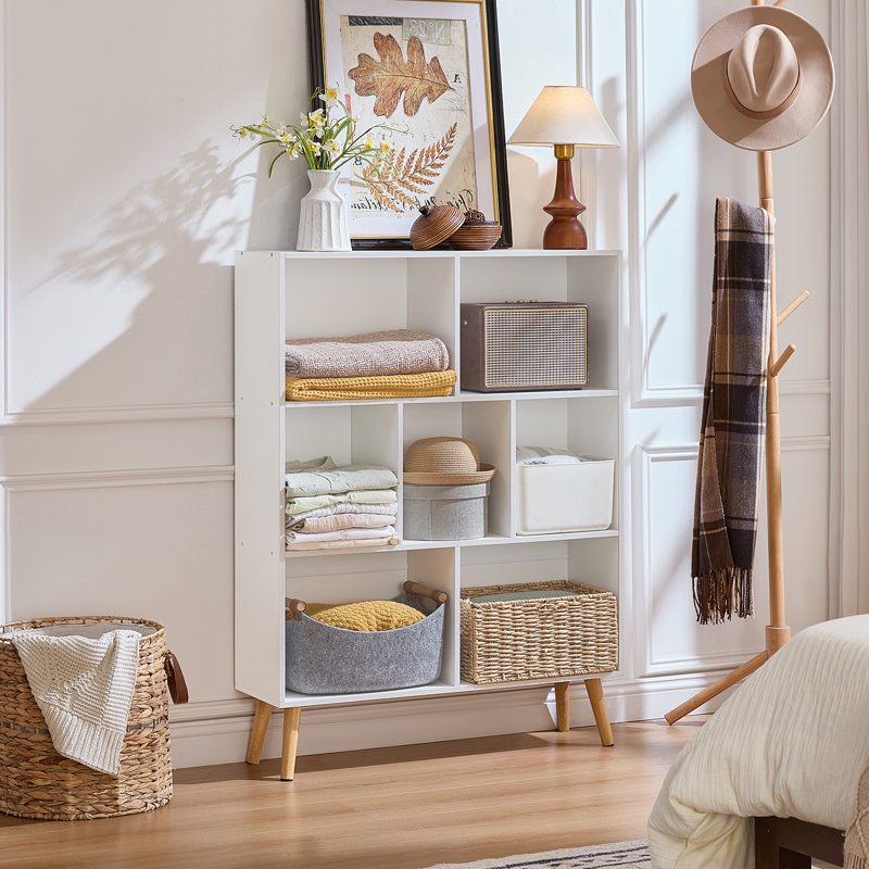 7 Cube Bookshelf, 3 Tier Modern Bookcase With Legs, Wood Cubeicals Organizer Storage Open Shelves, Retro Display Book Shelf, Freestanding Short Book Case For Bedroom,Living Room,Office