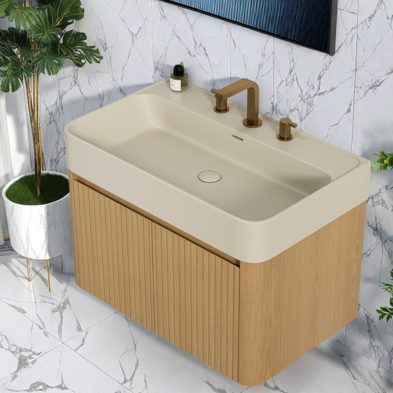Meuble-lavabo flottant et lavabo flottant, rangement pour salle de bain grain de bois moderne de 36 pouces, 29.53