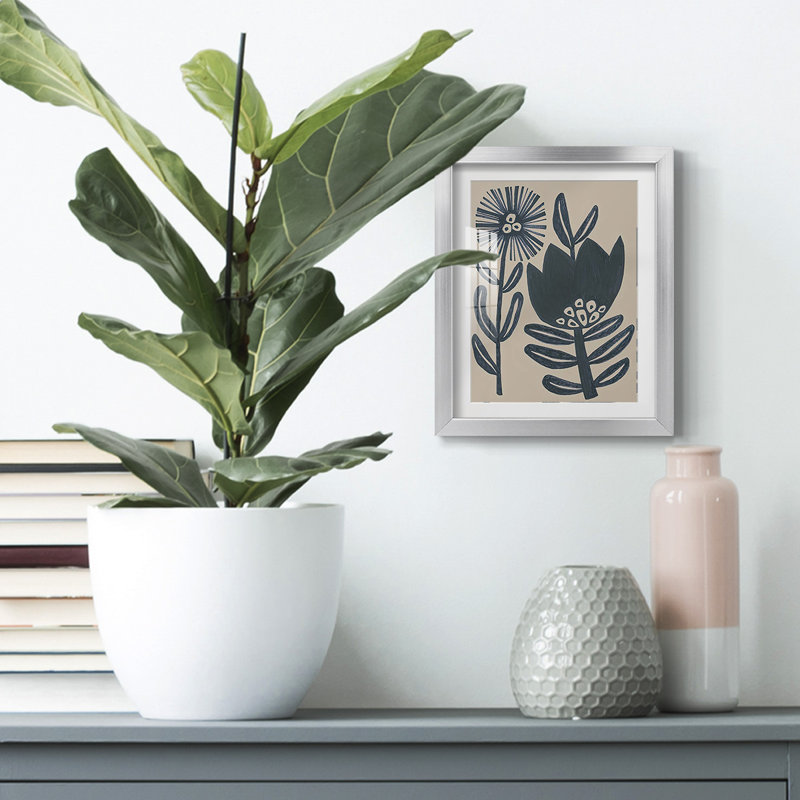 «Blockprint Folk Flowers I», impression encadrée, H 25,5 po x l 17,5 po, Argent argent