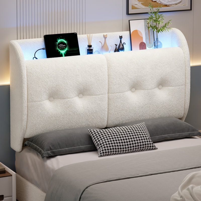 Tête de lit tapissier à oreilles avec tablette de rangement, USB et lumière ambiante, Lit double, White