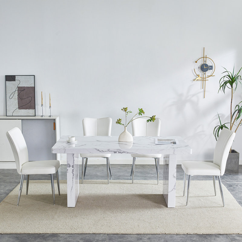 Dining Table Set, Marble Dining Table Set For 4, 63" White Marble Pattern MDF Tabletop And Legs, 4 PU Leather Kitchen Chairs With Chrome Plated Metal Legs For Kitchen.