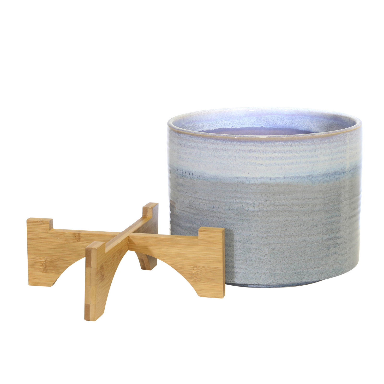 Modern Textured Ceramic Planter with Stand Indoor Outdoor, 9" H x 8" W x 8" D, Striped Blue