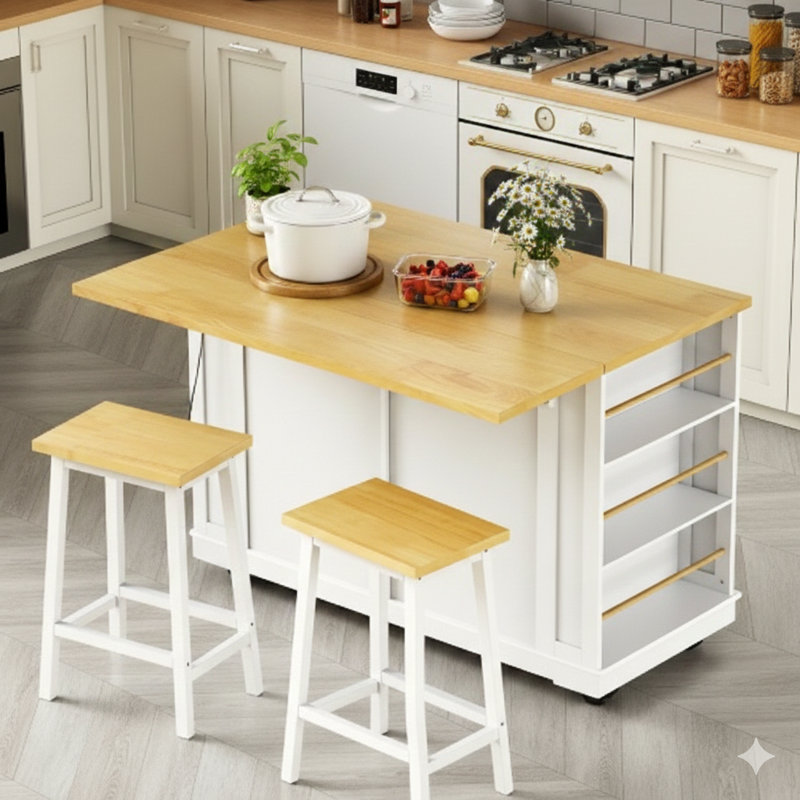 Îlot de cuisine de 48 pouces avec 2 tabourets de bar, prise de courant intégrée, support de rangement pour porte interne, 5 roulettes, plateau rabattable, 5 tablettes latérales exposées et 2 tiroirs - fini blanc, ensemble de trois boîtes