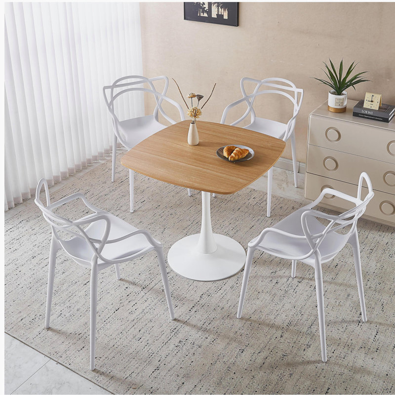 Ensemble de salle à manger 1 + 4,5 pièces, table de salle à manger de style Mid-Century pour 4 à 6 personnes avec plateau en panneau de fibres à densité moyenne, table de salle à manger à piédestal, table basse de loisirs, ensemble blanc