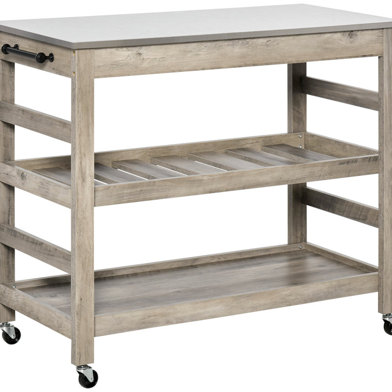Chariot pour îlot de cuisine roulant, comptoir en acier inoxydable, rangement à 2 tablettes gris, fente centrale pour une installation pratique du plan de travail, tablette, système de rangement pratique à 4 roues