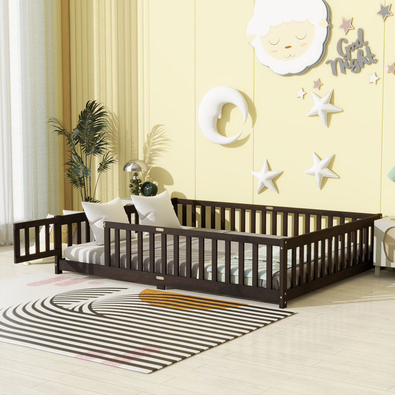 Twinkle Modern Floor Bed Set With Door, Rubber Wood And Safety Guardrails, Queen, Espresso